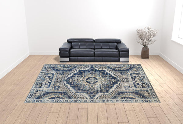 Homeroots 13' X 15' Blue And Ivory Abstract Power Loom Distressed Area Rug Blue,Ivory Polypropylene 514672