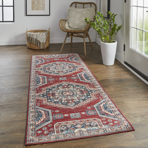 Homeroots 8' Red Gray And Tan Abstract Power Loom Distressed Stain Resistant Runner Rug Red,Gray,Tan Polypropylene 514678