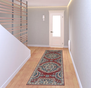 Homeroots 8' Red Gray And Tan Abstract Power Loom Distressed Stain Resistant Runner Rug Red,Gray,Tan Polypropylene 514678