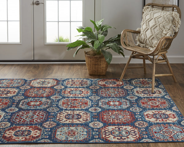 Homeroots 7' X 10' Blue Red And Tan Abstract Power Loom Distressed Stain Resistant Area Rug  Polypropylene 514682