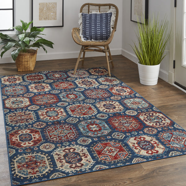 Homeroots 10' X 13' Blue Red And Tan Abstract Power Loom Distressed Stain Resistant Area Rug  Polypropylene 514684