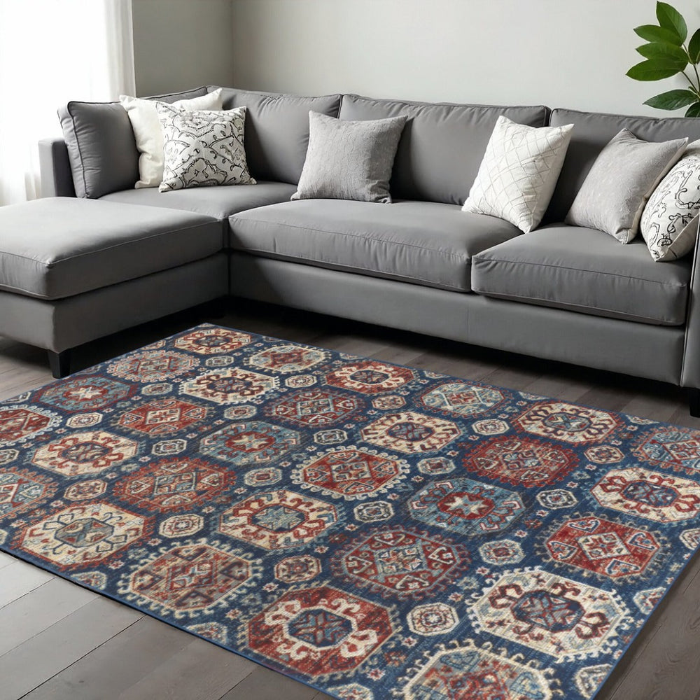 HomeRoots 10' Abstract Distressed Area Rug in Blue, Red, and Tan – Durable, Low-Pile Design for Modern Spaces 10' X 13' 514684