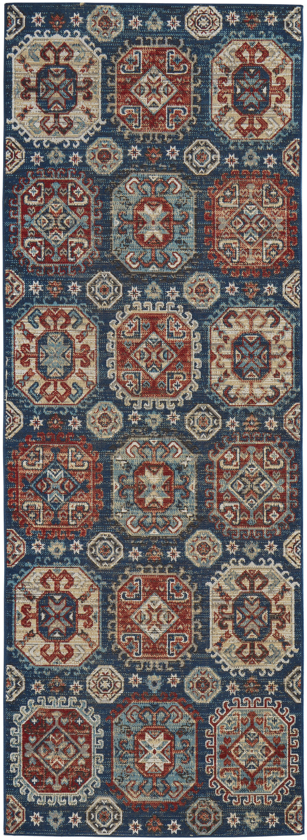 Homeroots 8' Blue Red And Tan Abstract Power Loom Distressed Stain Resistant Runner Rug  Polypropylene 514685