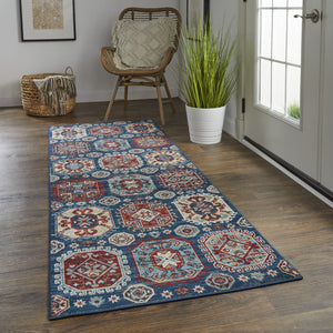 Homeroots 8' Blue Red And Tan Abstract Power Loom Distressed Stain Resistant Runner Rug  Polypropylene 514685
