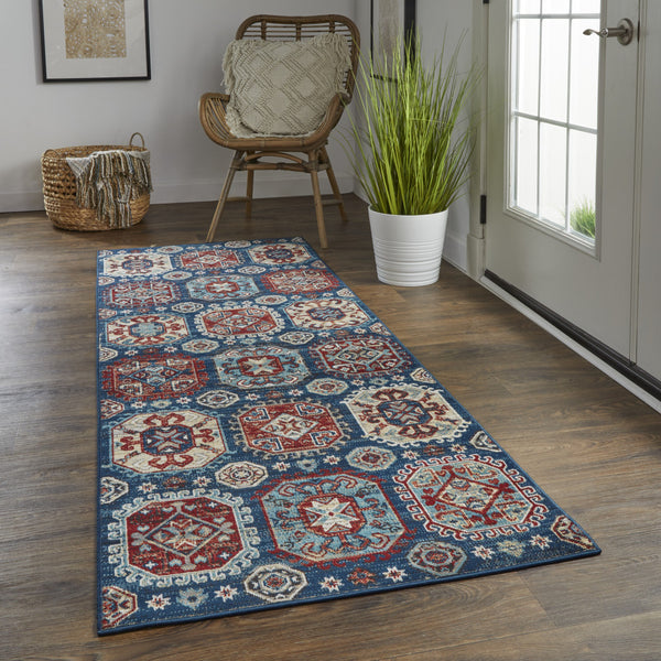 Homeroots 8' Blue Red And Tan Abstract Power Loom Distressed Stain Resistant Runner Rug  Polypropylene 514685
