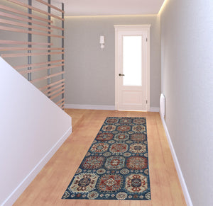 Homeroots 8' Blue Red And Tan Abstract Power Loom Distressed Stain Resistant Runner Rug  Polypropylene 514685