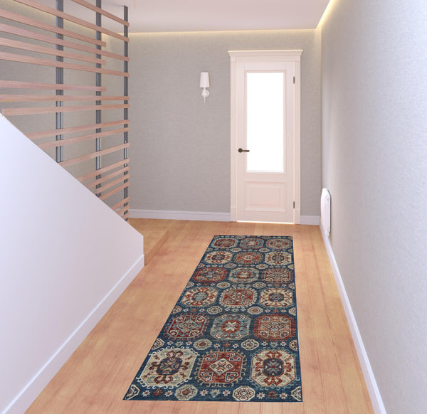 Homeroots 8' Blue Red And Tan Abstract Power Loom Distressed Stain Resistant Runner Rug  Polypropylene 514685