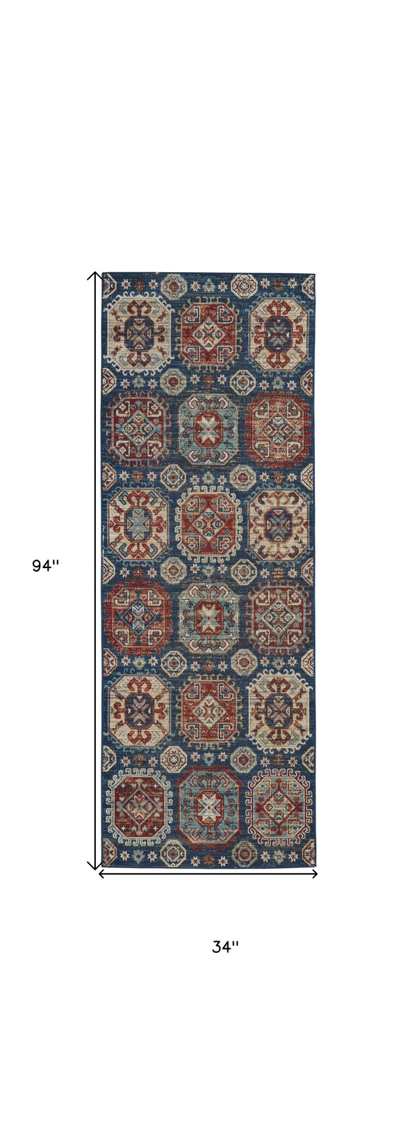 Homeroots 8' Blue Red And Tan Abstract Power Loom Distressed Stain Resistant Runner Rug  Polypropylene 514685