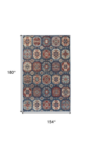 HomeRoots 10' Abstract Distressed Area Rug in Blue, Red, and Tan – Durable, Low-Pile Design for Modern Spaces 13' X 15' 514686