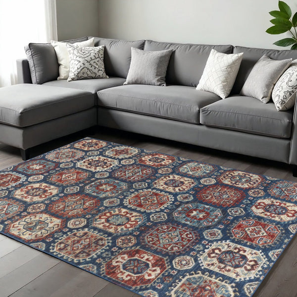 HomeRoots 10' Abstract Distressed Area Rug in Blue, Red, and Tan – Durable, Low-Pile Design for Modern Spaces 13' X 15' 514686