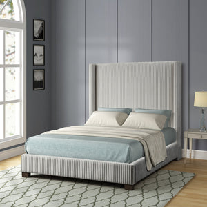 English Elm Queen Upholstered Bed with Pleated Headboard and Sturdy Rails, Easy-Clean Polyester Fabric Design Light Gray 79.75 L x 53.75 W x 9.5 H B2699P208286
