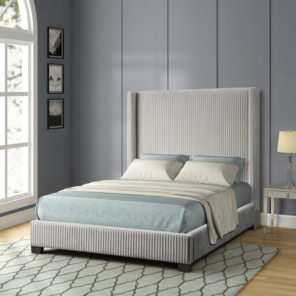 English Elm Queen Upholstered Bed with Pleated Headboard and Sturdy Rails, Easy-Clean Polyester Fabric Design Light Gray 79.75 L x 53.75 W x 9.5 H B2699P208286