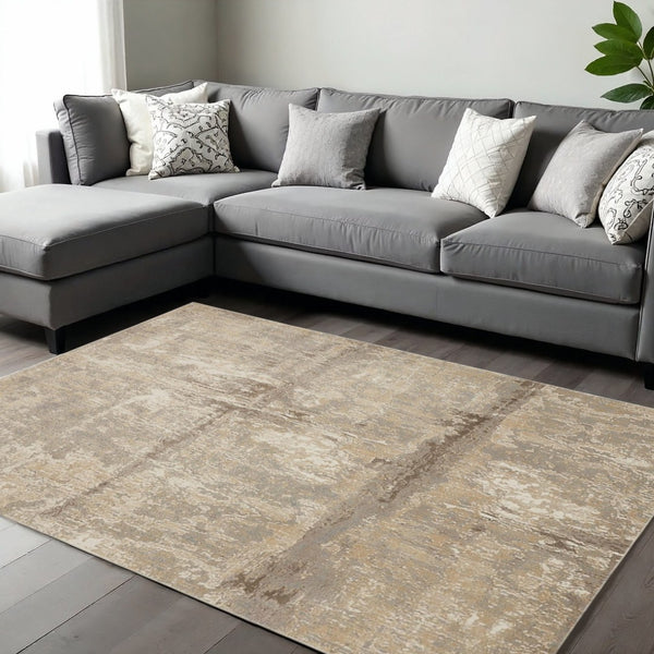 HomeRoots 4' Contemporary Tan Ivory and Brown Abstract Area Rug for Modern Living Spaces and Comfort 8' X 10' 514689