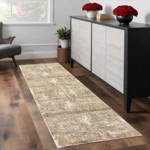 HomeRoots 4' Contemporary Tan Ivory and Brown Abstract Area Rug for Modern Living Spaces and Comfort 8' Runner 514692