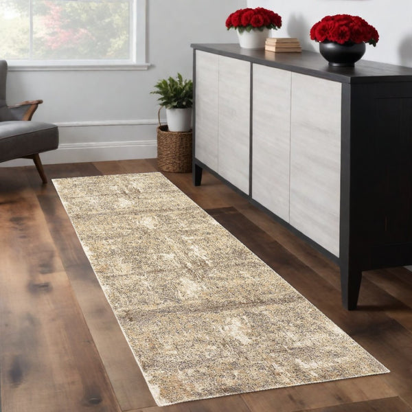 HomeRoots 4' Contemporary Tan Ivory and Brown Abstract Area Rug for Modern Living Spaces and Comfort 8' Runner 514692