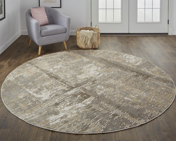HomeRoots 8' Abstract Area Rug in Tan, Ivory & Brown – Modern Design with Non-Slip Backing for Comfort & Style 8' Round 514694