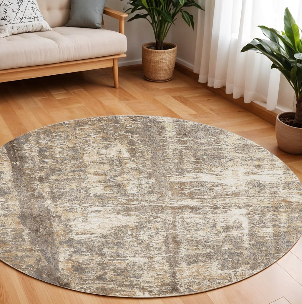 HomeRoots 8' Abstract Area Rug in Tan, Ivory & Brown – Modern Design with Non-Slip Backing for Comfort & Style 8' Round 514694