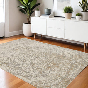 HomeRoots 4' Contemporary Gray Ivory and Tan Abstract Area Rug - Soft Viscose, Durable Design for Modern Spaces 4' X 6' 514695