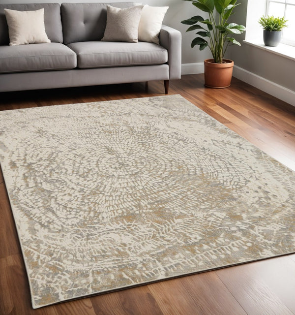 HomeRoots 4' Contemporary Gray Ivory and Tan Abstract Area Rug - Soft Viscose, Durable Design for Modern Spaces 5' X 8' 514696