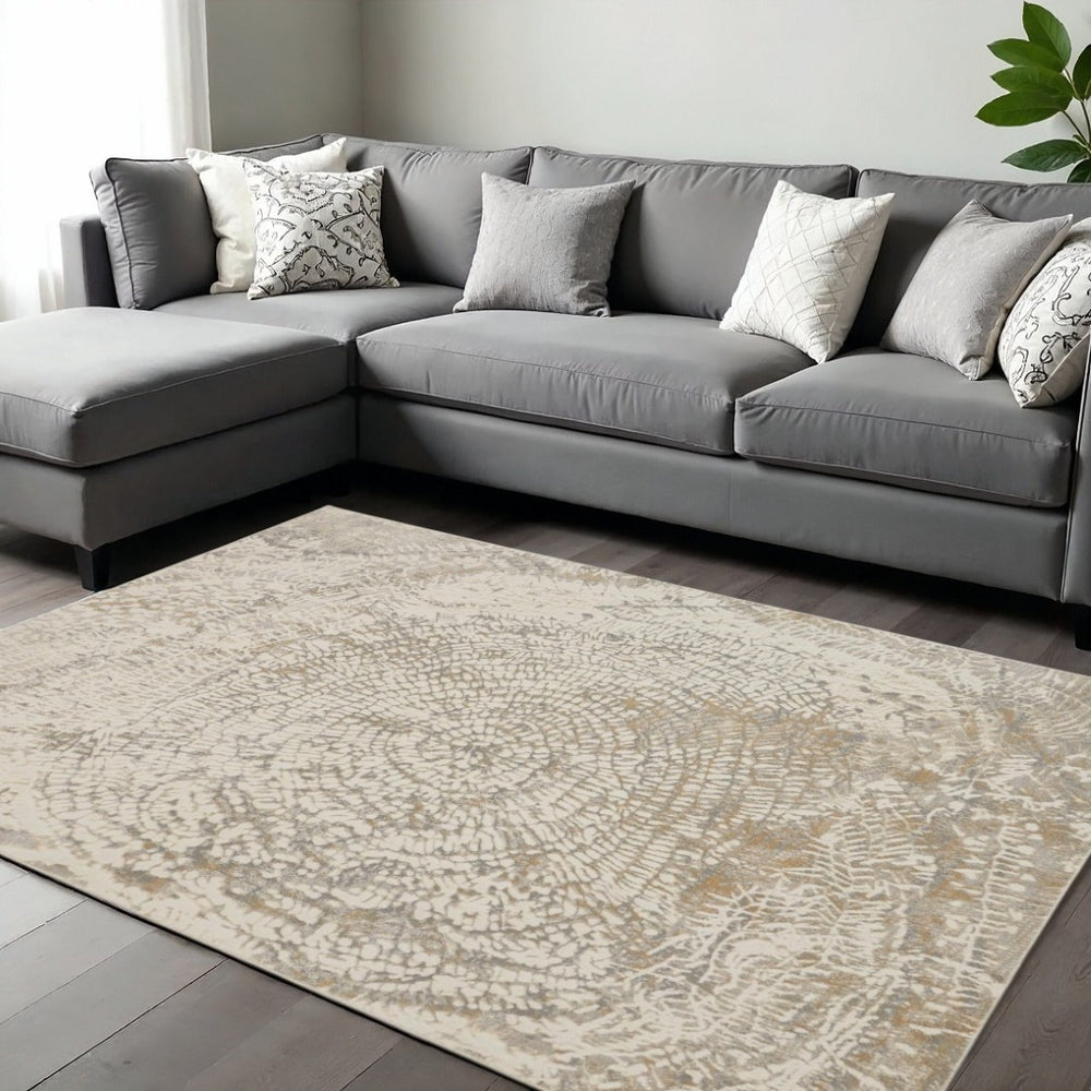 HomeRoots 4' Contemporary Gray Ivory and Tan Abstract Area Rug - Soft Viscose, Durable Design for Modern Spaces 9' X 12' 514698