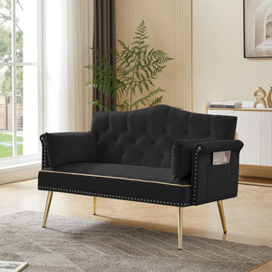 English Elm BLACK Velvet 2-Seater Sofa with Gold Metal Legs, Foam Cushions, Solid Wood Frame, Modern Luxe Design W588P165685