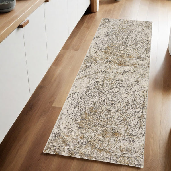 HomeRoots 4' Contemporary Gray Ivory and Tan Abstract Area Rug - Soft Viscose, Durable Design for Modern Spaces 8' Runner 514700
