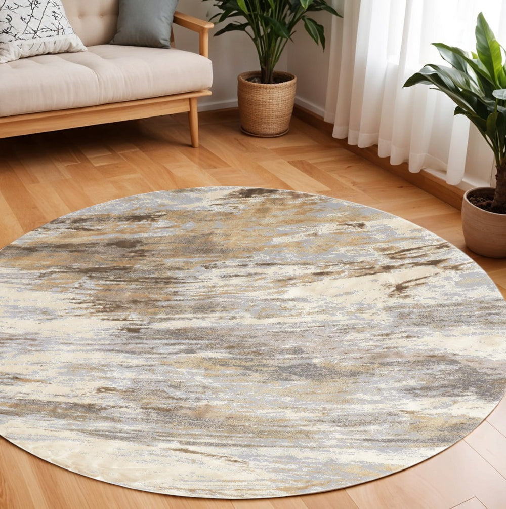 HomeRoots 8' Abstract Brown and Ivory Non-Skid Rug - Modern Machine-Woven Design for Stylish Home Décor 8' Round 514710
