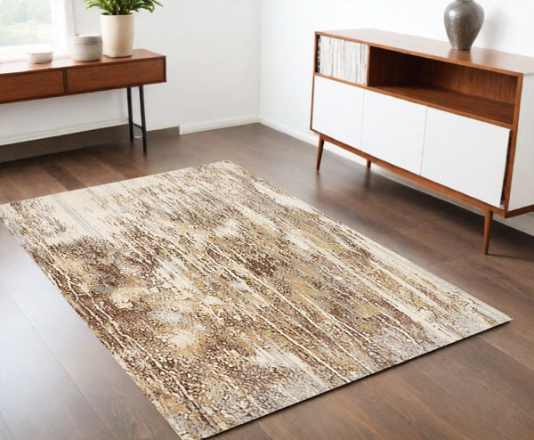 HomeRoots 4' Modern Abstract Area Rug in Tan, Ivory, and Brown - Durable, Stylish Design for Any Space 4' X 6' 514711