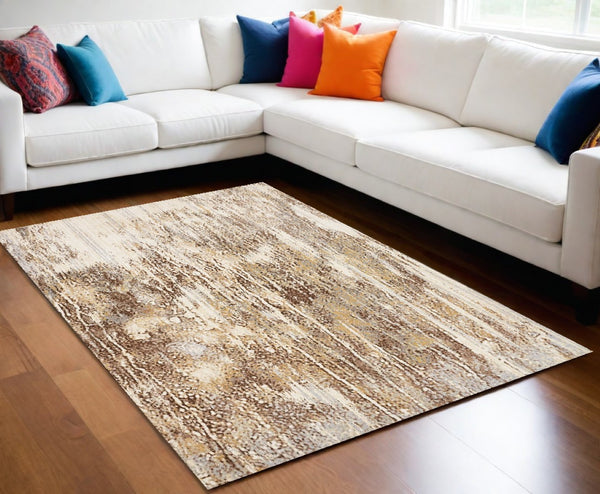 HomeRoots 4' Modern Abstract Area Rug in Tan, Ivory, and Brown - Durable, Stylish Design for Any Space 10' X 14' 514715