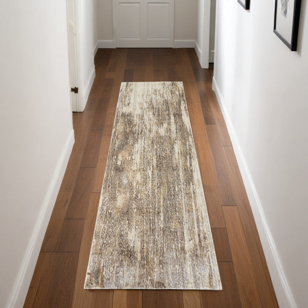 HomeRoots 4' Modern Abstract Area Rug in Tan, Ivory, and Brown - Durable, Stylish Design for Any Space 8' Runner 514716