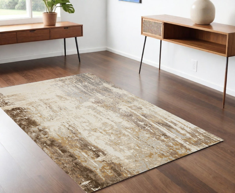 HomeRoots 4' Tan Ivory and Gray Abstract Area Rug - Soft Modern Design for Living Rooms, Bedrooms, and Offices 4' X 6' 514719