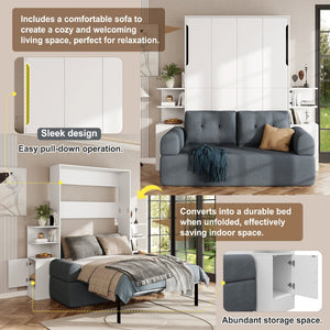 English Elm Full Size Murphy Bed System with Integrated Sofa and Storage Towers for Guest Rooms White+Gray LP000380AAE
