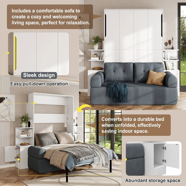 English Elm Full Size Murphy Bed System with Integrated Sofa and Storage Towers for Guest Rooms White+Gray LP000380AAE