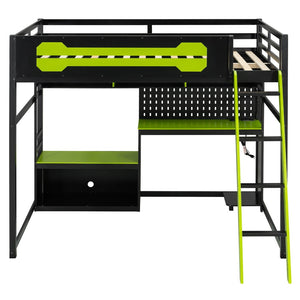 English Elm Full Size Gaming Loft Bed with Built-in Desk Led Lighting Usb Ports and Pegboard Black+Green LT000270AAG
