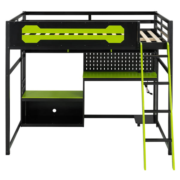 English Elm Full Size Gaming Loft Bed with Built-in Desk Led Lighting Usb Ports and Pegboard Black+Green LT000270AAG