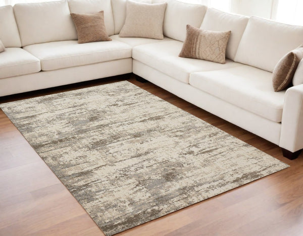 HomeRoots 4' Modern Abstract Brown and Ivory Non-Skid Area Rug for Durable High-Traffic Spaces and Style 5' X 8' 514728