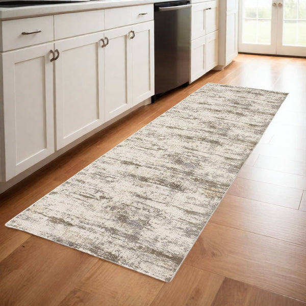 HomeRoots 4' Modern Abstract Brown and Ivory Non-Skid Area Rug for Durable High-Traffic Spaces and Style 8' Runner 514732
