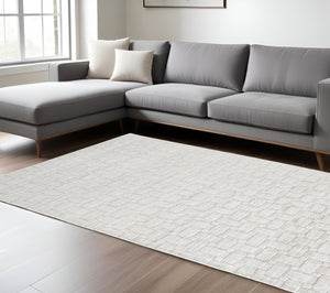 HomeRoots 4' Silver and White Striped Hand-Woven Area Rug - Elegant, Artisan-Made Soft Viscose for Any Space 8' X 10' 514744