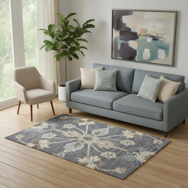 HomeRoots 4' Handmade Wool Floral Tufted Area Rug in Gray, Ivory & Red – Stain Resistant Luxury for Homes 5' X 8' 514805