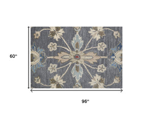 HomeRoots 4' Handmade Wool Floral Tufted Area Rug in Gray, Ivory & Red – Stain Resistant Luxury for Homes 5' X 8' 514805