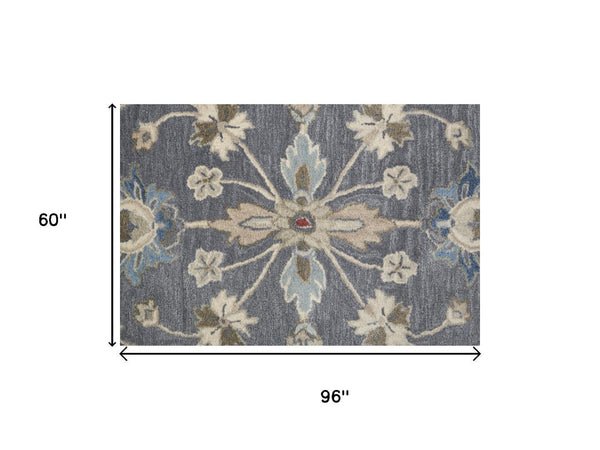 HomeRoots 4' Handmade Wool Floral Tufted Area Rug in Gray, Ivory & Red – Stain Resistant Luxury for Homes 5' X 8' 514805