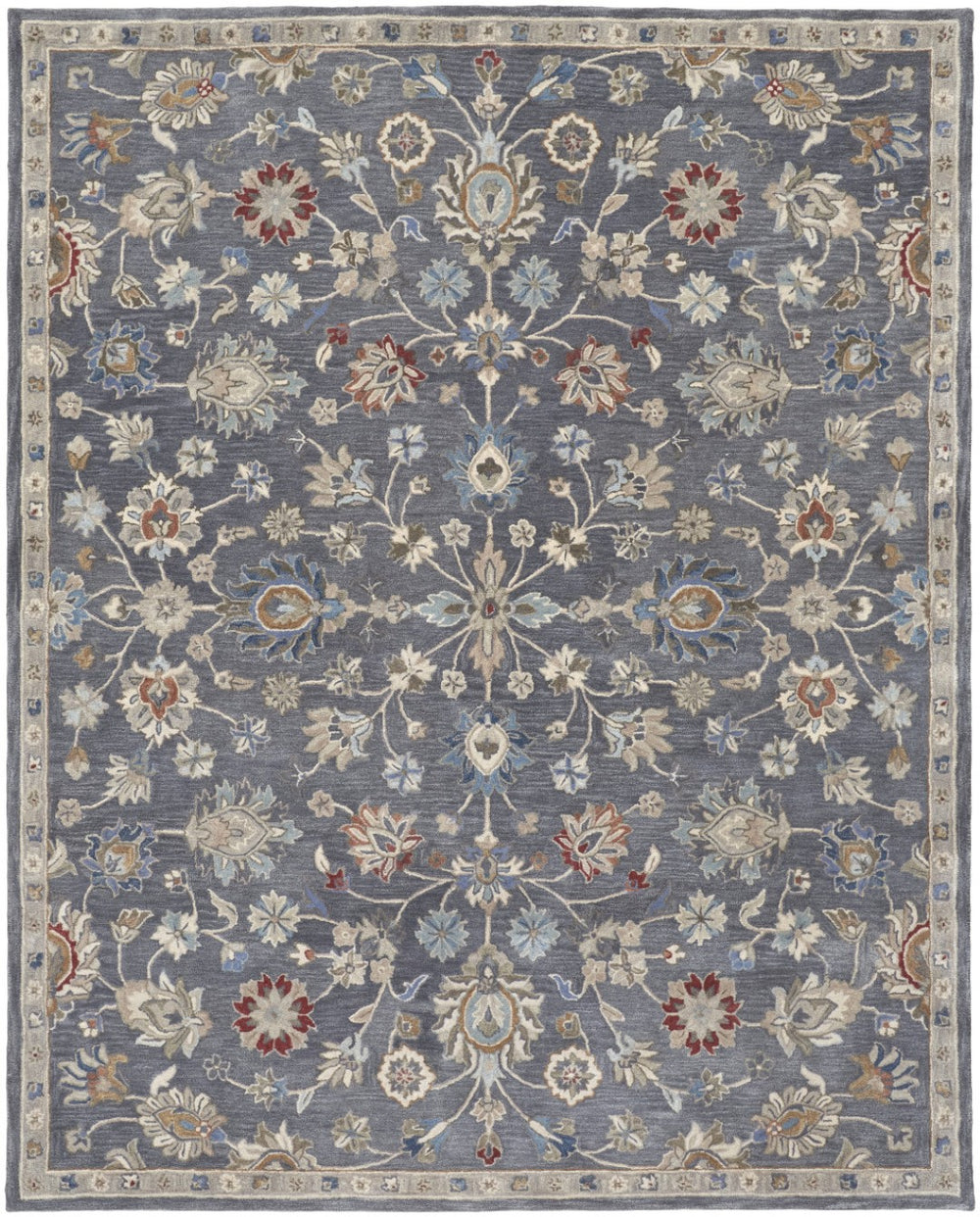 HomeRoots 4' Handmade Wool Floral Tufted Area Rug in Gray, Ivory & Red – Stain Resistant Luxury for Homes 8' x 10' 514806