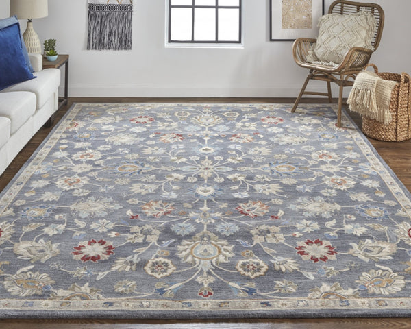HomeRoots 4' Handmade Wool Floral Tufted Area Rug in Gray, Ivory & Red – Stain Resistant Luxury for Homes 10' X 14' 514808