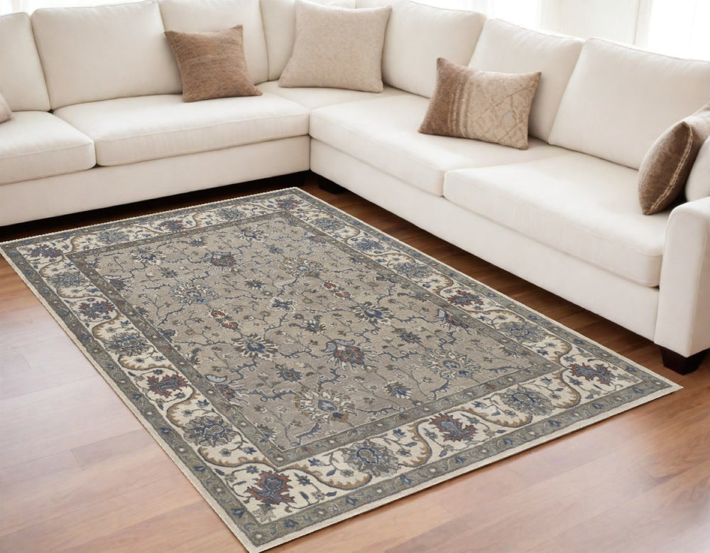 HomeRoots 4' Hand-Tufted Wool Area Rug with Elegant Ivory and Blue Floral Design for Cozy Home Décor 5' X 8' 514811