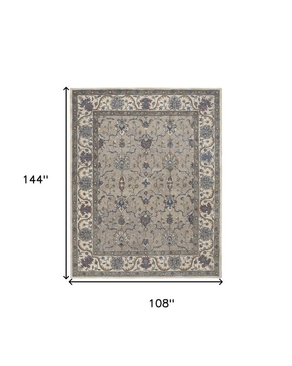 Homeroots 9' X 12' Taupe Ivory And Blue Wool Floral Tufted Handmade Stain Resistant Area Rug  Wool 514813