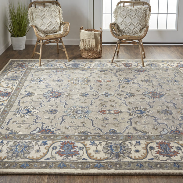 Homeroots 9' X 12' Taupe Ivory And Blue Wool Floral Tufted Handmade Stain Resistant Area Rug  Wool 514813
