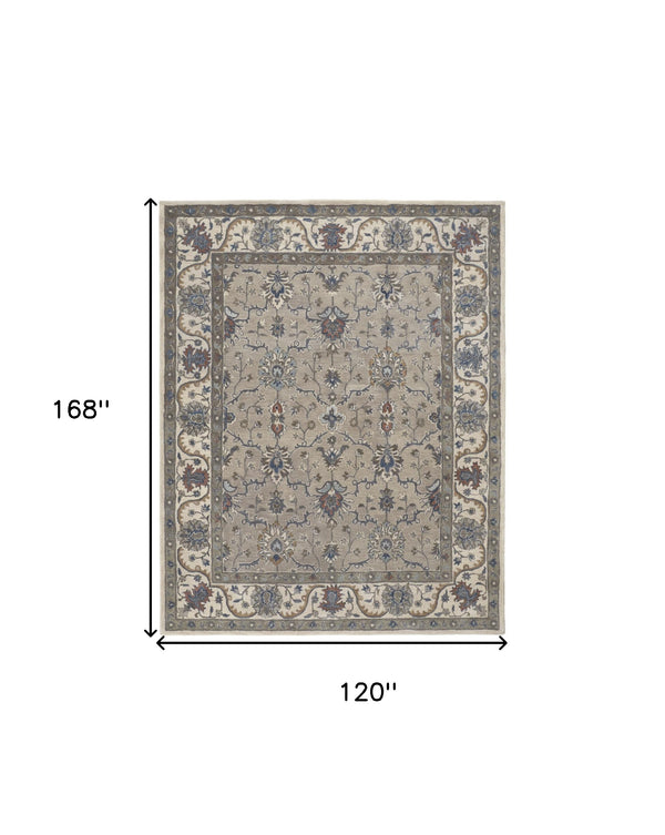 Homeroots 10' X 14' Taupe Ivory And Blue Wool Floral Tufted Handmade Stain Resistant Area Rug  Wool 514814