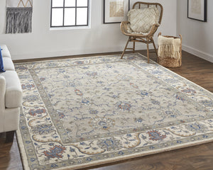 Homeroots 10' X 14' Taupe Ivory And Blue Wool Floral Tufted Handmade Stain Resistant Area Rug  Wool 514814