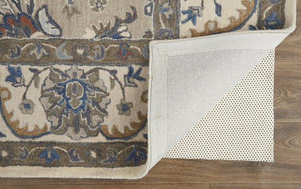 Homeroots 10' X 14' Taupe Ivory And Blue Wool Floral Tufted Handmade Stain Resistant Area Rug  Wool 514814