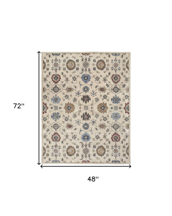 HomeRoots 4' Luxurious Hand-Tufted Wool Area Rug with Timeless Ivory and Blue Floral Design for Any Room 4' X 6' 514816